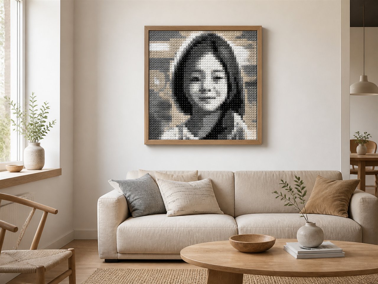 Oak-framed PixelCraft portrait hanging in a Nordic living room