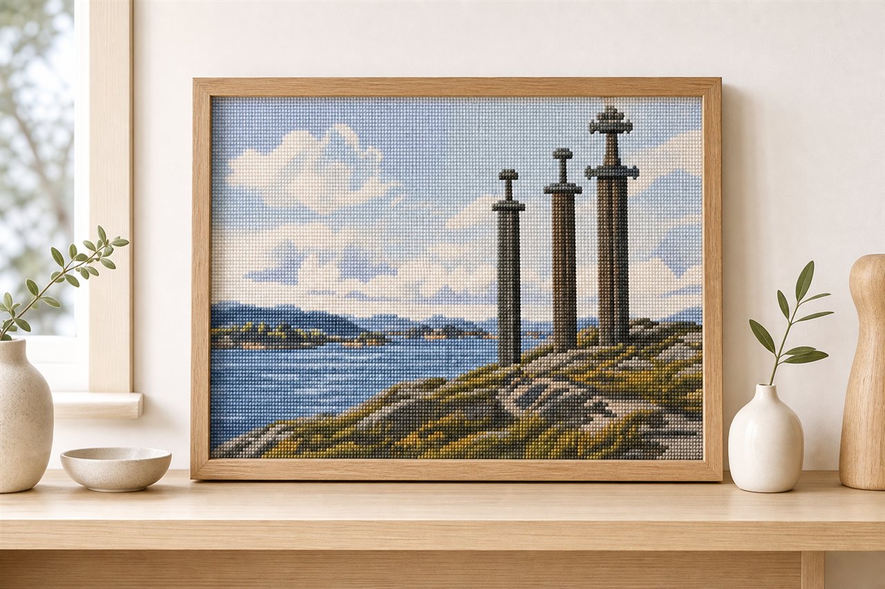 Framed cross-stitch artwork representing ThreadCraft