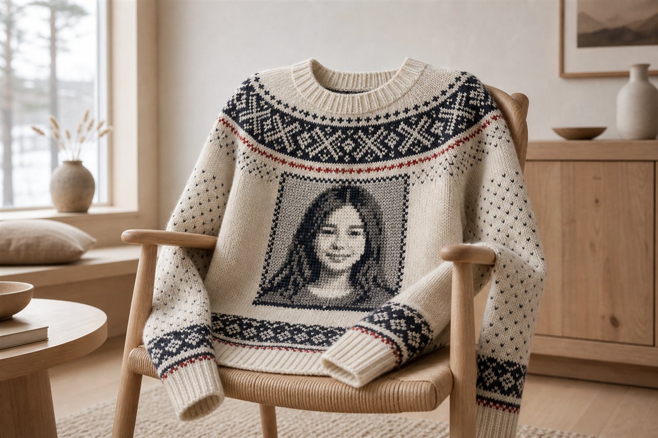 Knitted portrait sweater representing KnitCraft